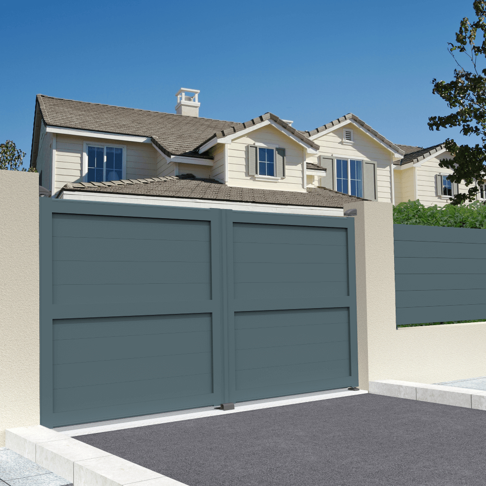 Portail double battant motorisé plein L 4000 x H 1606 mm – Gris anthracite structuré RAL7016ST