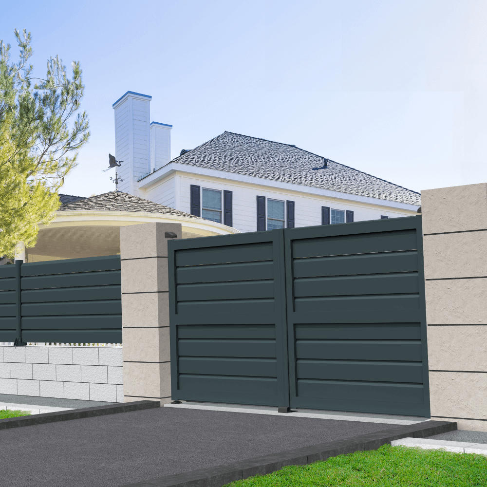 Portail double battant motorisé brise-vue L 4000 x H 1580 mm– Gris anthracite structuré RAL7016ST