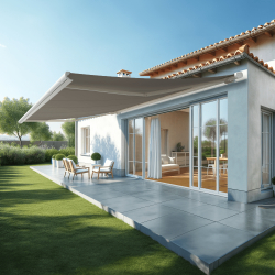 Store banne coffre SUZY 5,00x3,50 M – Motorisé Secours à Télécommande + LED – Armature : Blanc – Toile : Gris clair S122 INTERSU