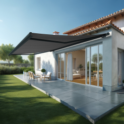 Store banne coffre SUZY 5,00x3,50 M – Motorisé Secours à Télécommande – Armature : Gris anthracite – Toile : Gris foncé S128 INT