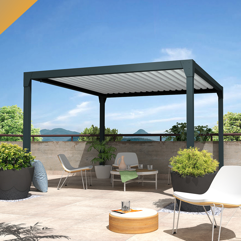 Pergola Bioclimatique BERYL Ilot - Mixte Gris Anthracite/Blanc - 3,50x4,00  M - Vérin à Télécommande